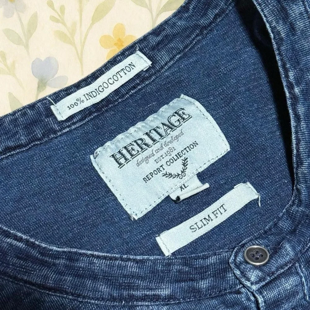 Heritage 100% Indigo Cotton Henley Shirt Mens XL Slim Fit Blue Pocket Tee - Picture 3 of 5